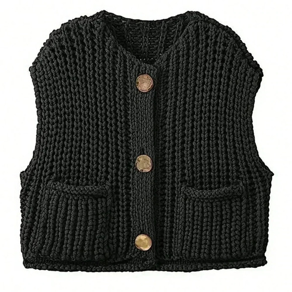 Black Casual Women's Loose Knit Vest With Double Pockets - Picture 3 of 5